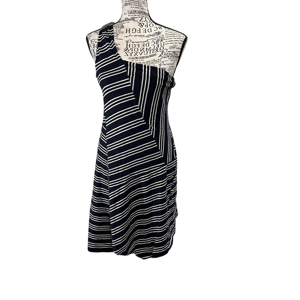 Maeve One-Shoulder Navy and White Striped Dress